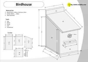 birdhouse drawing with cut list and material list preview